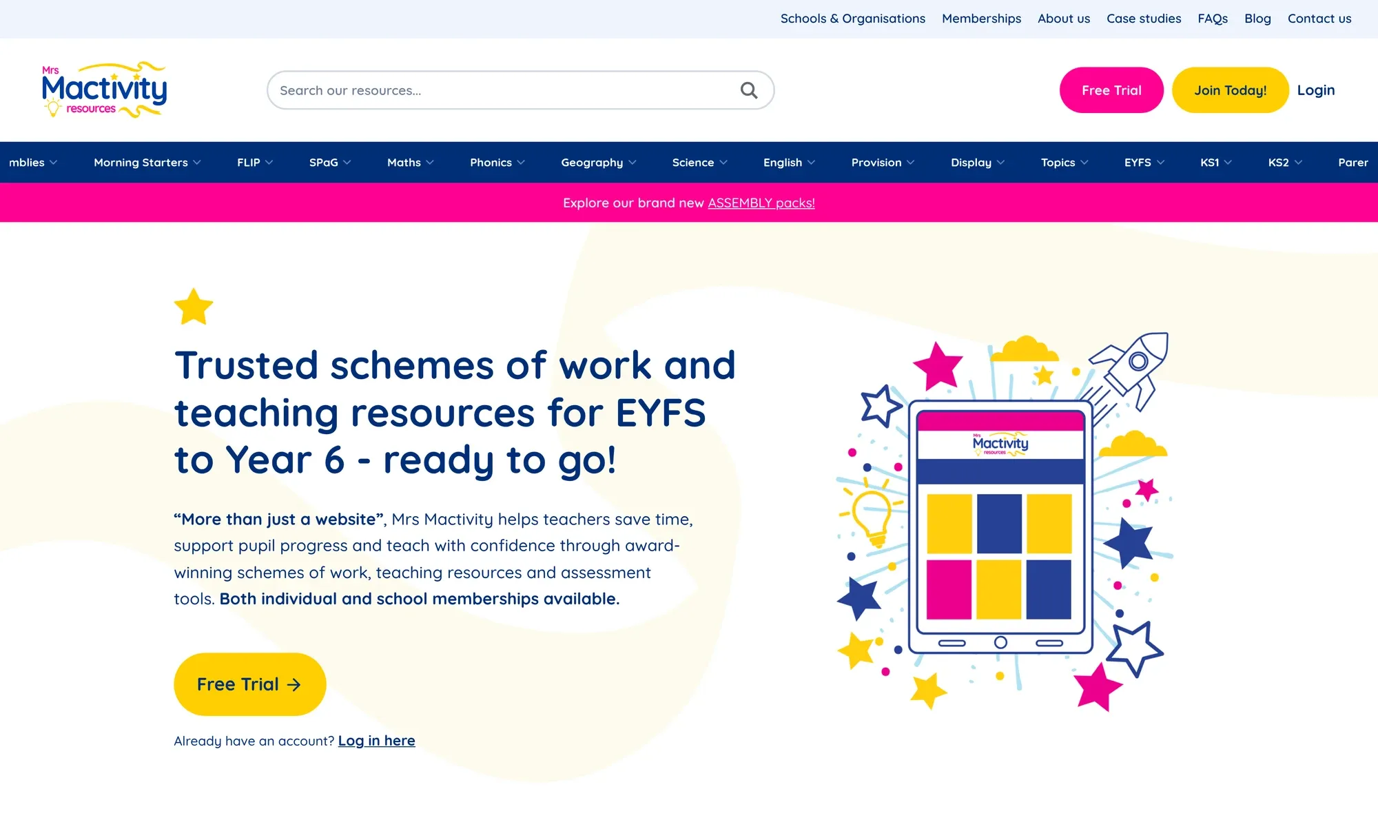The Mrs Mactivity education platform home page, offering schemes of work and teaching resources from EYFS to Year 6