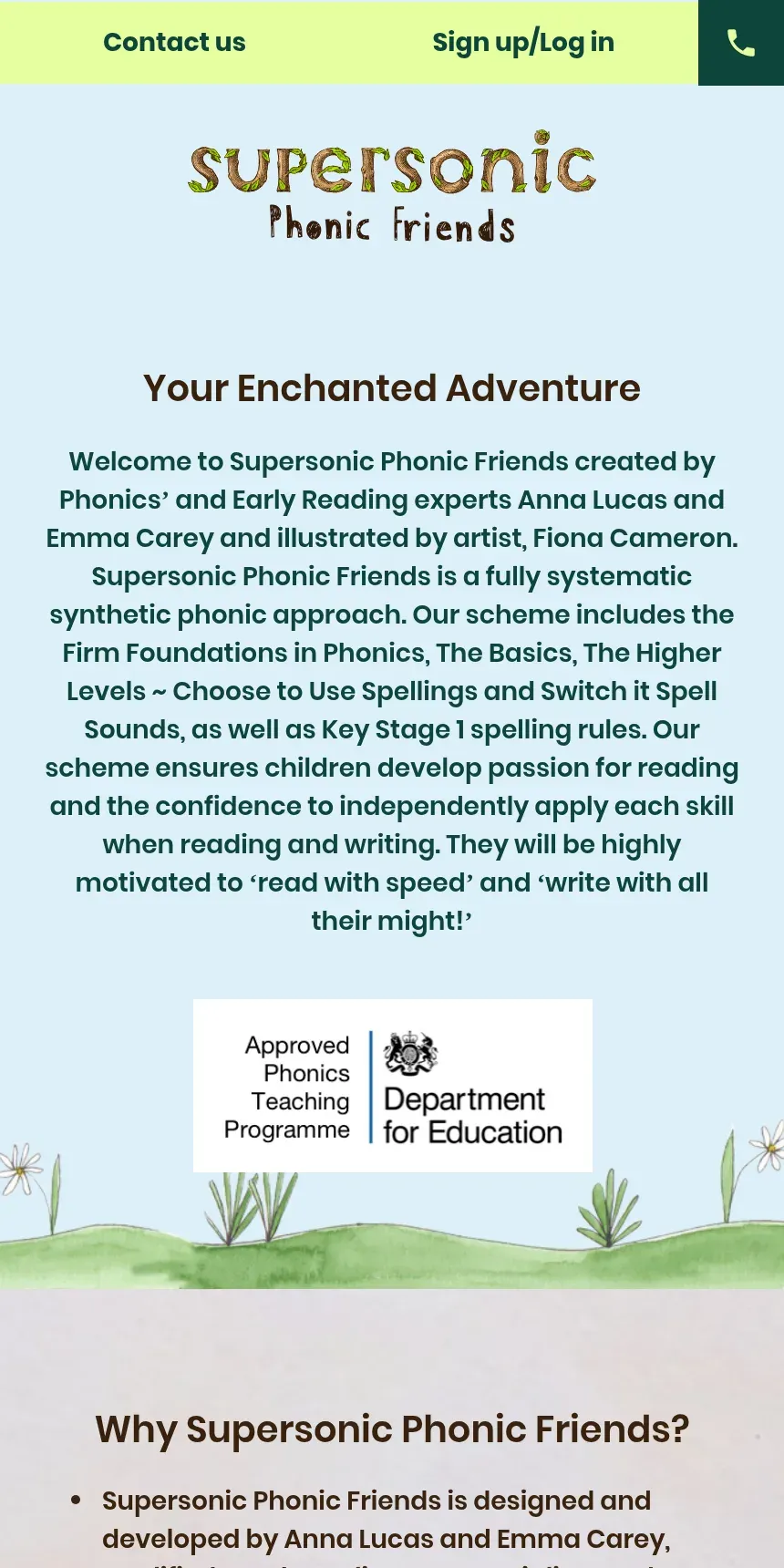 The Supersonic Phonic Friends website on a phone, introducing the phonics scheme